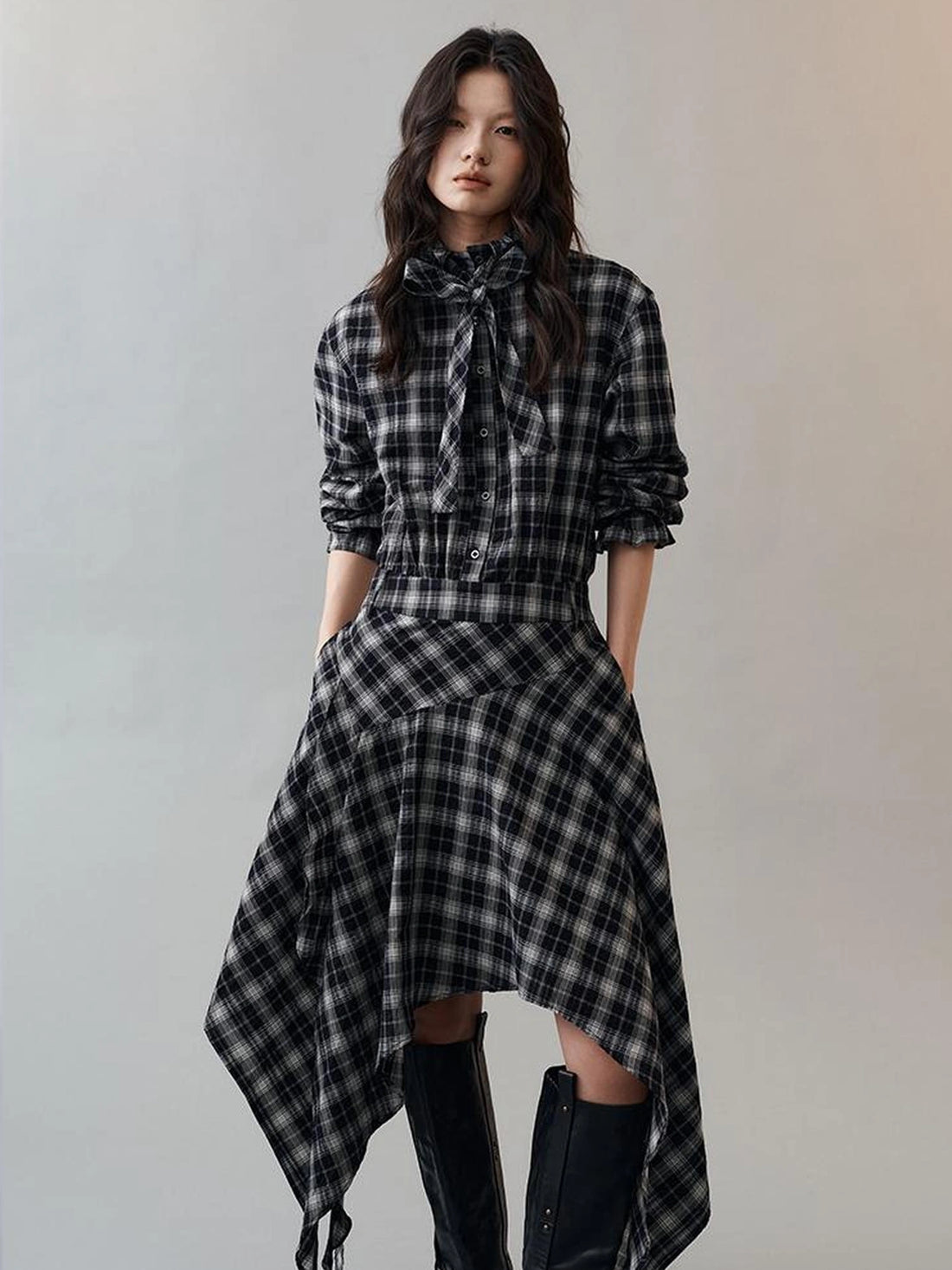 AnnoMundi Deconstructed Plaid Dress With Asymmetric Hem Dresses