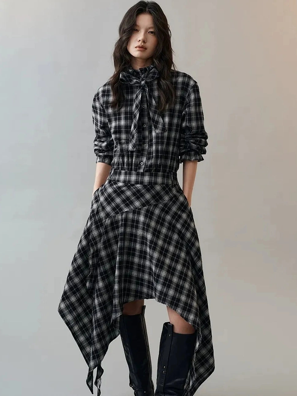 AnnoMundi Deconstructed Plaid Dress With Asymmetric Hem Dresses