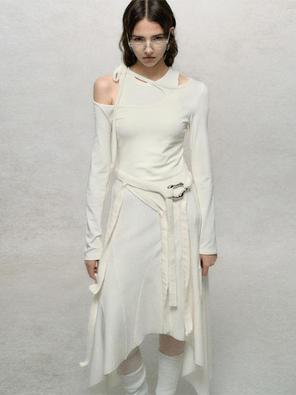 AnnoMundi Deconstructed Ribbed Knit Slip Dress With Asymmetric Hem