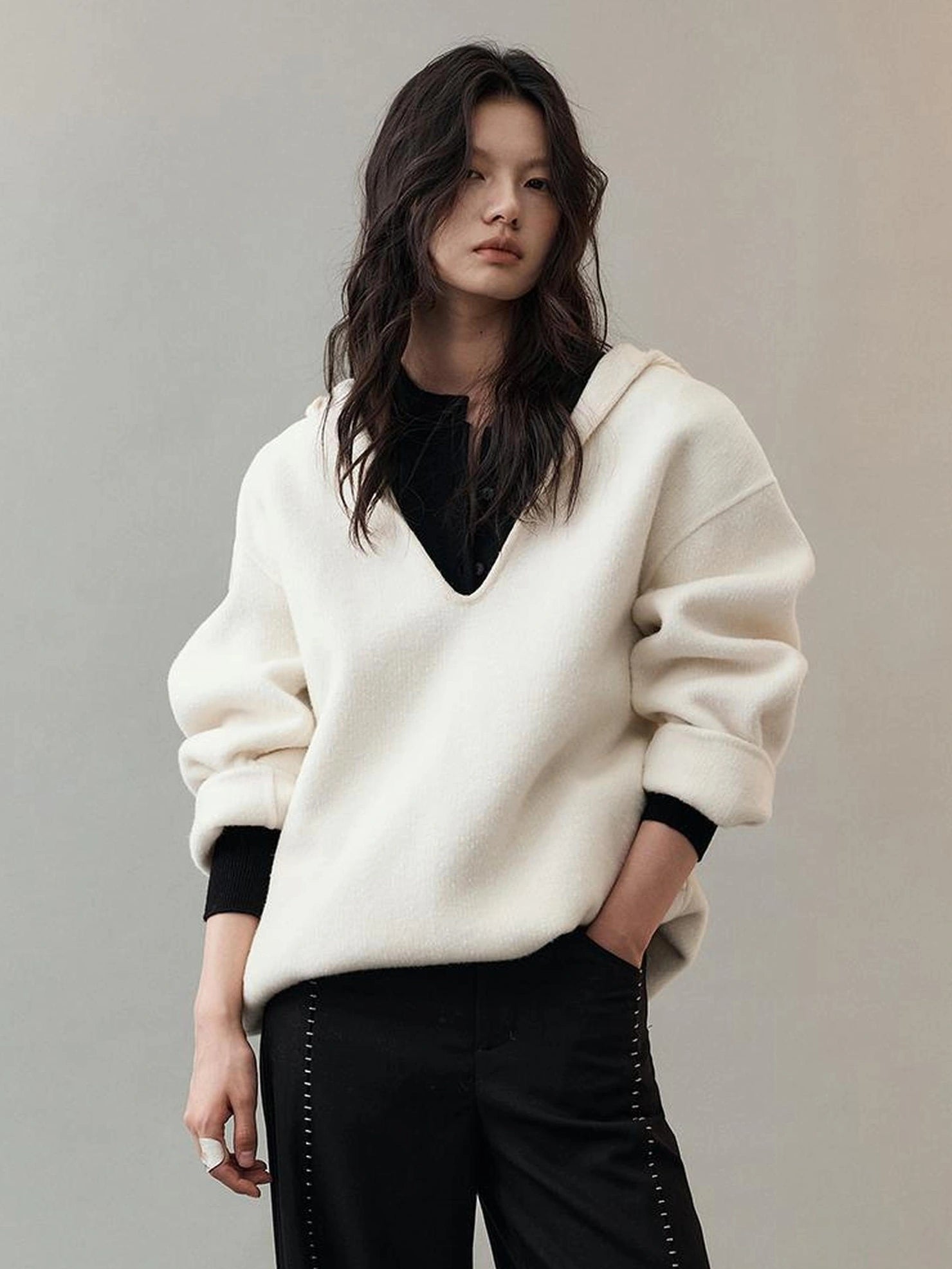 AnnoMundi Deep V Hooded Wool Coat Jacket