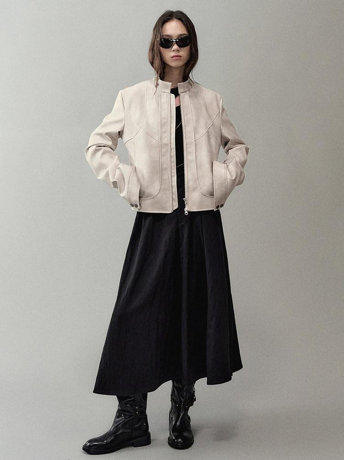 AnnoMundi Distressed Geometric Double Zip Stand Collar Women&