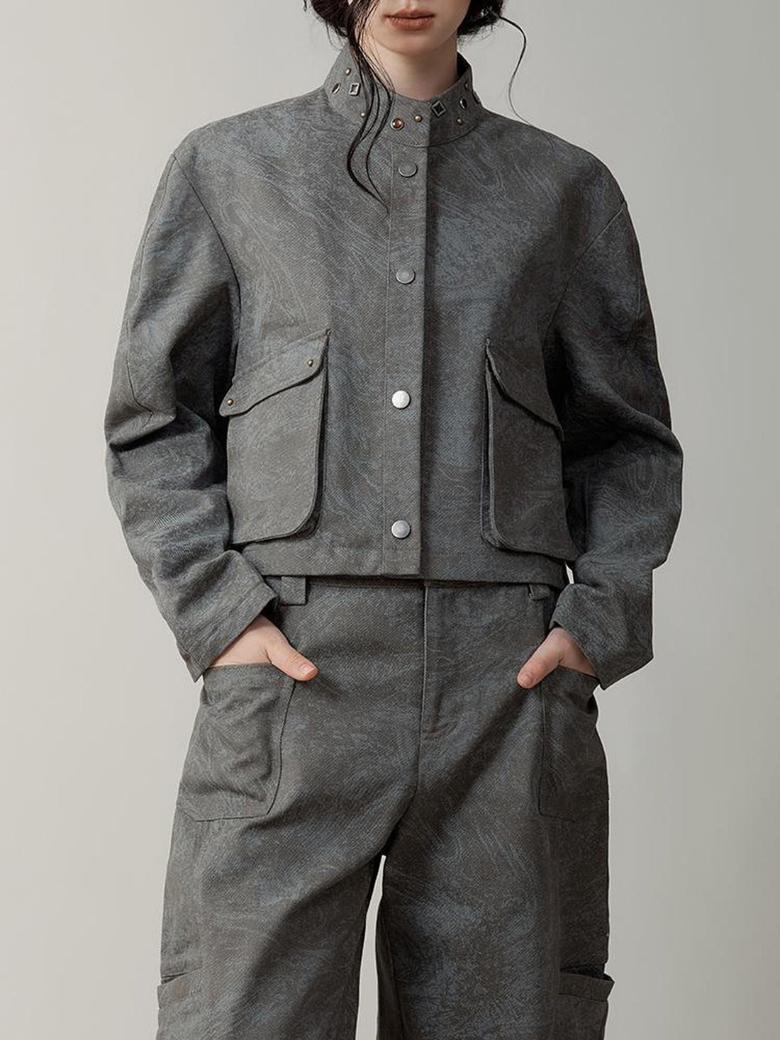 AnnoMundi Distressed Marble Washed Denim Jacket With Studs