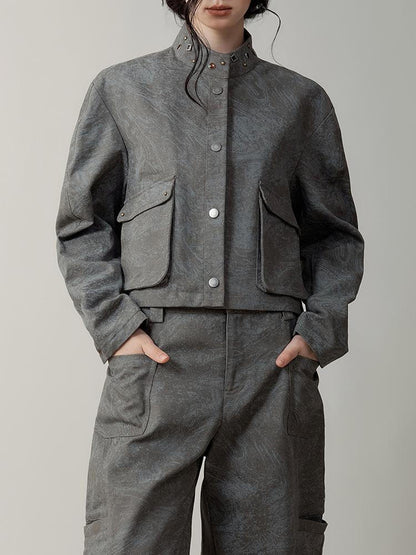 AnnoMundi Distressed Marble Washed Denim Jacket With Studs