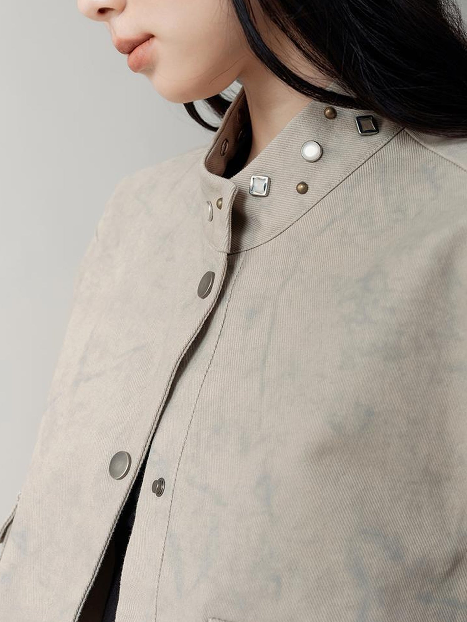 AnnoMundi Distressed Marble Washed Denim Jacket With Studs