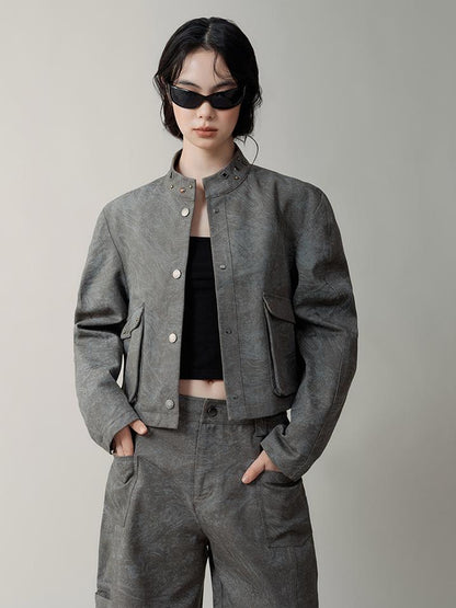 AnnoMundi Distressed Marble Washed Denim Jacket With Studs