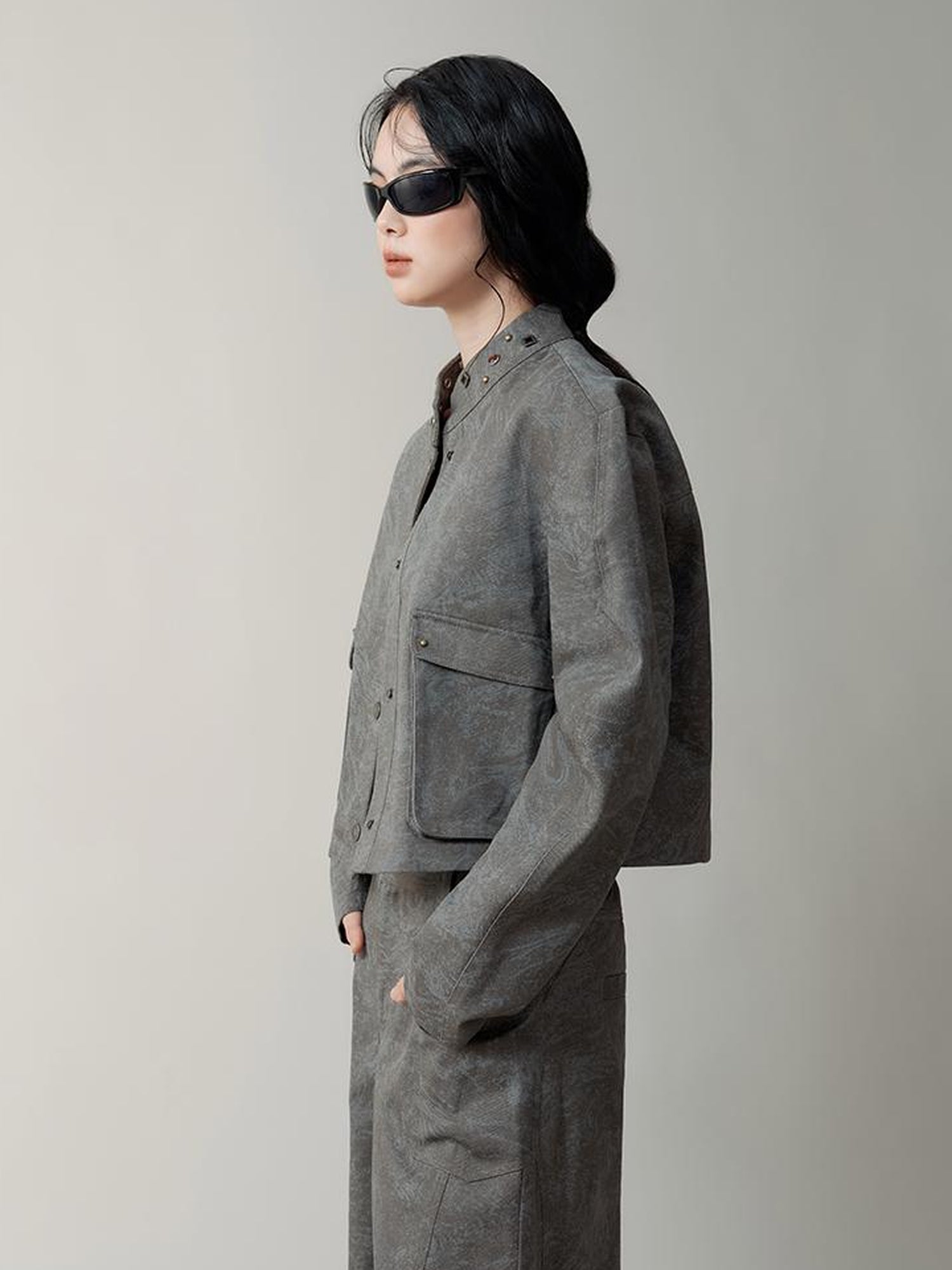 AnnoMundi Distressed Marble Washed Denim Jacket With Studs