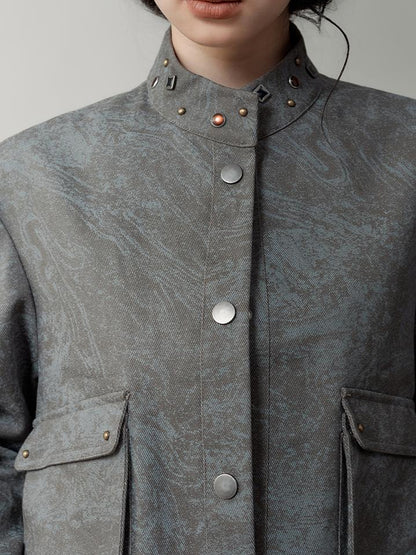 AnnoMundi Distressed Marble Washed Denim Jacket With Studs