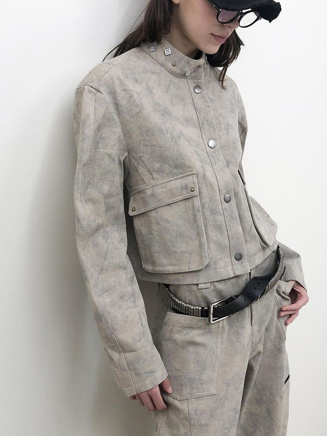 AnnoMundi Distressed Marble Washed Denim Jacket With Studs