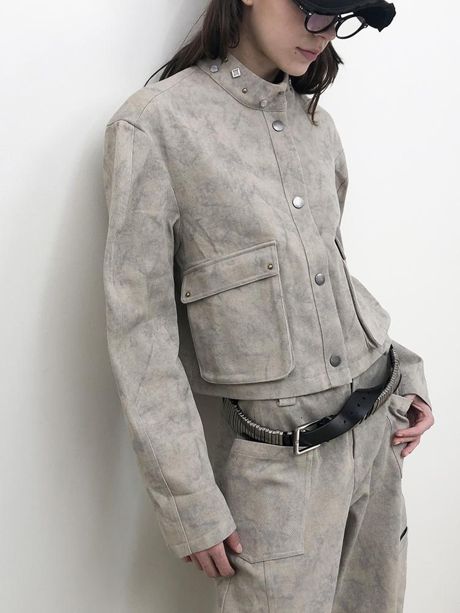 AnnoMundi Distressed Marble Washed Denim Jacket With Studs