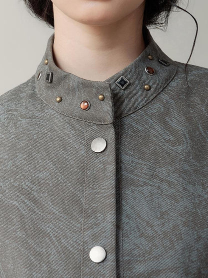 AnnoMundi Distressed Marble Washed Denim Jacket With Studs