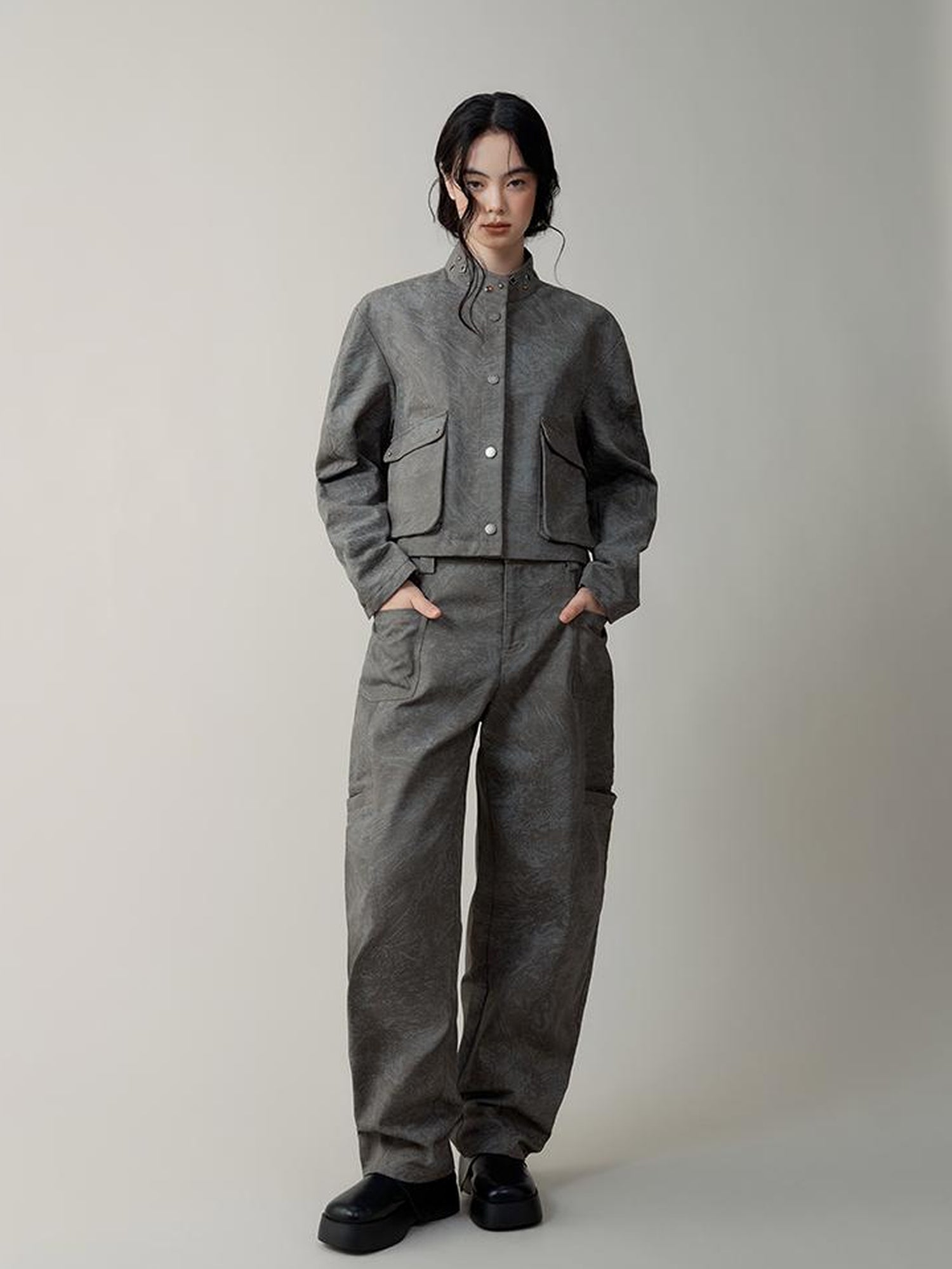 AnnoMundi Distressed Marble Washed Denim Jacket With Studs