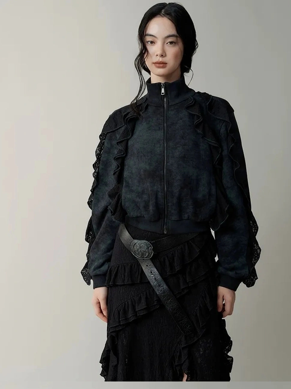 AnnoMundi Distressed Snowflake Jacquard Knit Peplum Hoodie Jacket