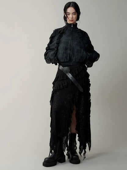 AnnoMundi Distressed Snowflake Jacquard Knit Peplum Hoodie Jacket