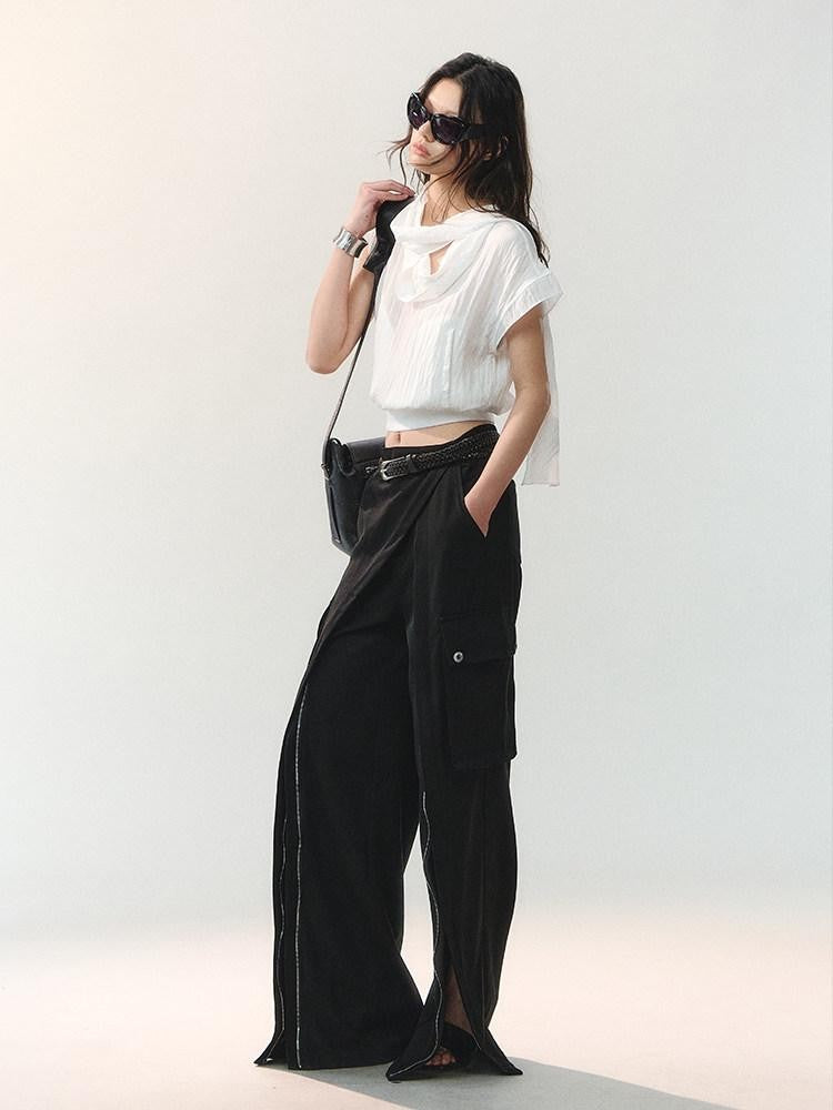 AnnoMundi Draped Collar Ribbon Tie Drop Shoulder Women&