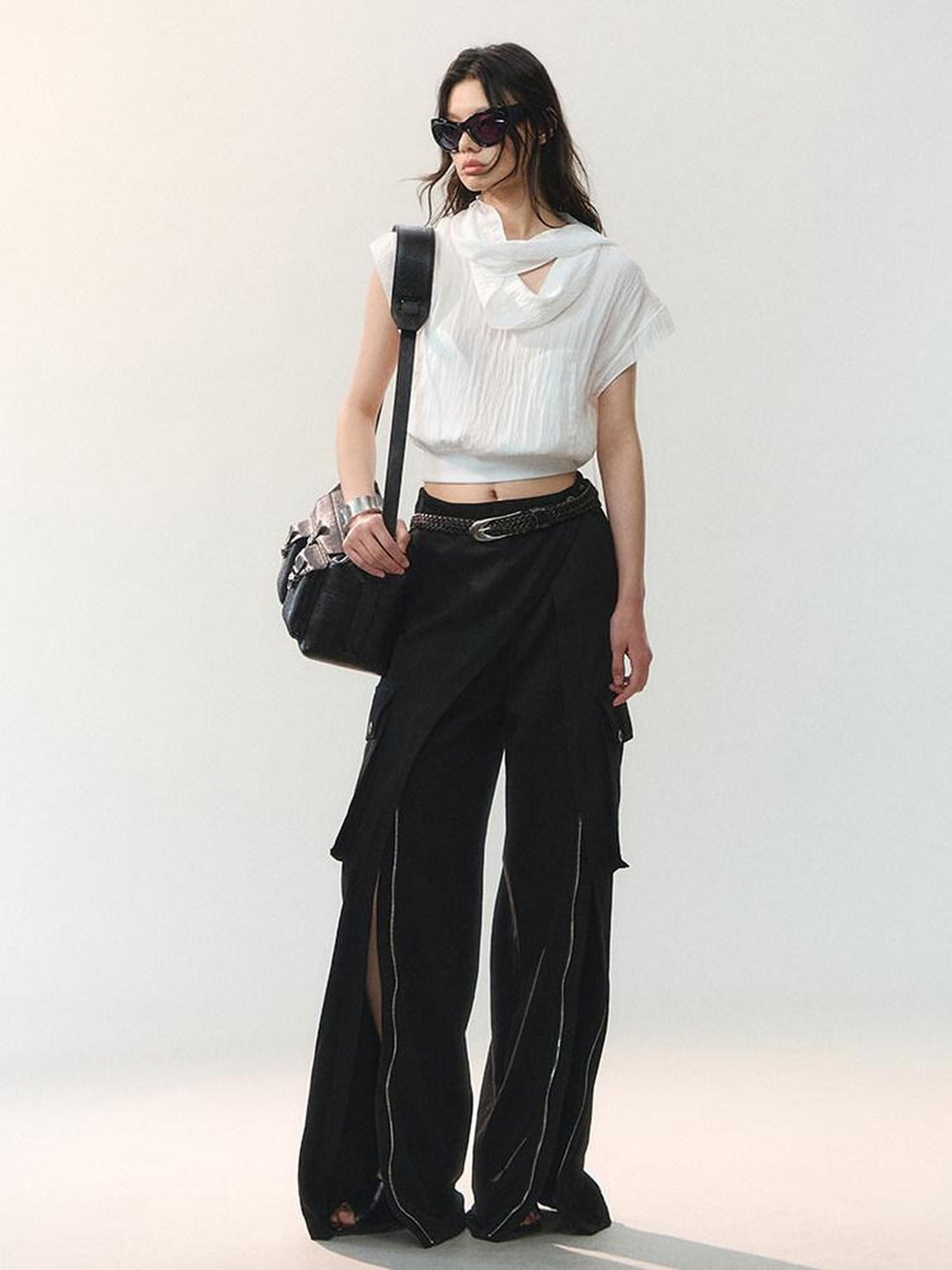AnnoMundi Draped Collar Ribbon Tie Drop Shoulder Women&