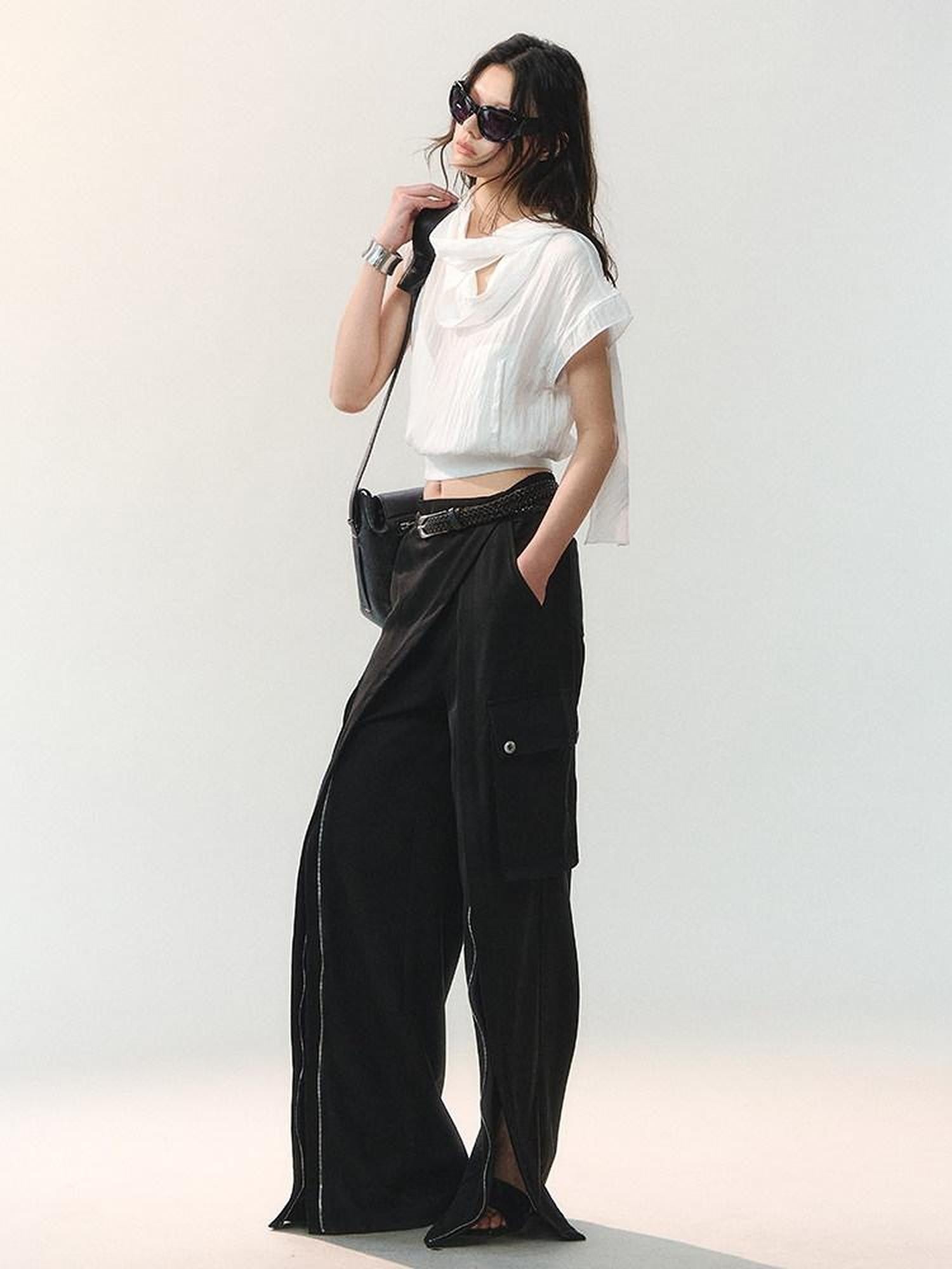 AnnoMundi Draped Collar Ribbon Tie Drop Shoulder Women&