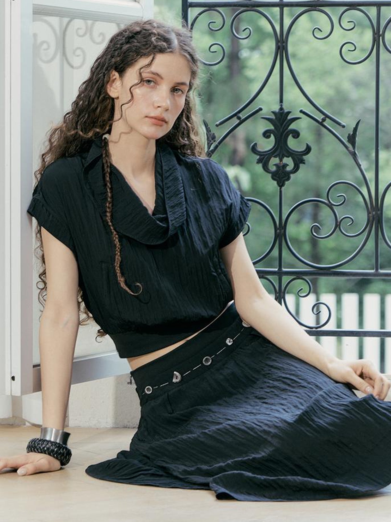 AnnoMundi Draped Neckline Hand Stitched A Line Skirt Two Piece Set