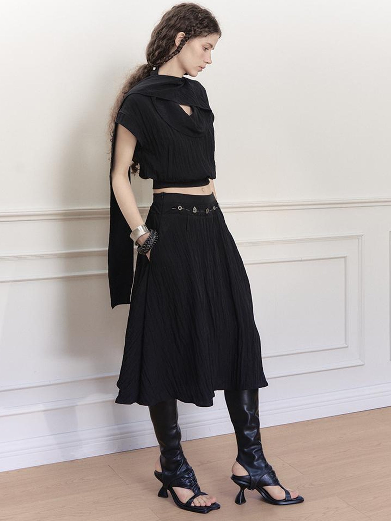 AnnoMundi Draped Neckline Hand Stitched A Line Skirt Two Piece Set