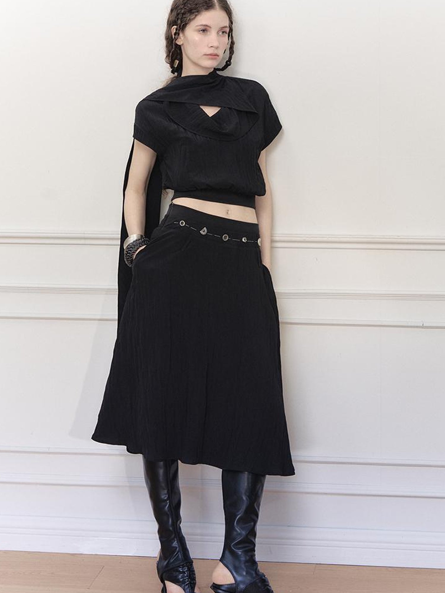 AnnoMundi Draped Neckline Hand Stitched A Line Skirt Two Piece Set