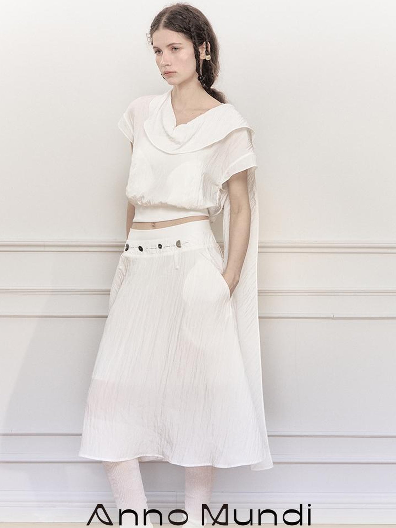 AnnoMundi Draped Neckline Hand Stitched A Line Skirt Two Piece Set