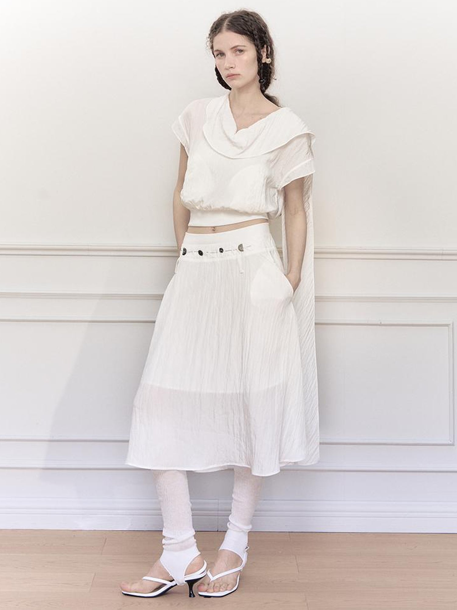 AnnoMundi Draped Neckline Hand Stitched A Line Skirt Two Piece Set