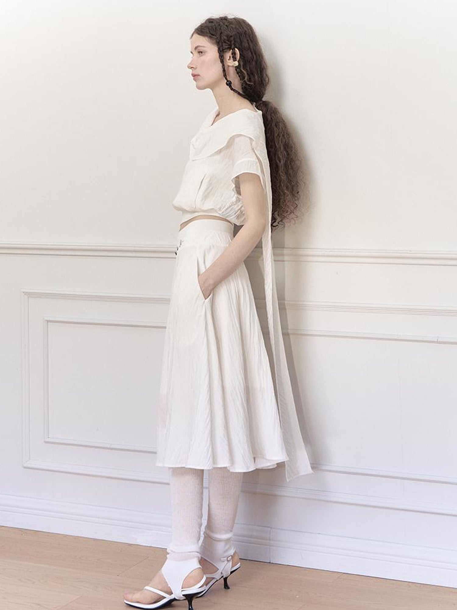 AnnoMundi Draped Neckline Hand Stitched A Line Skirt Two Piece Set