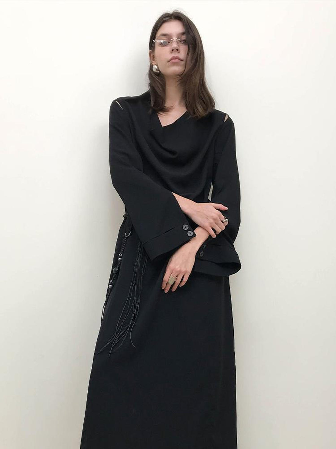 AnnoMundi Draped Neckline Slit Sleeve Black Maxi Dress