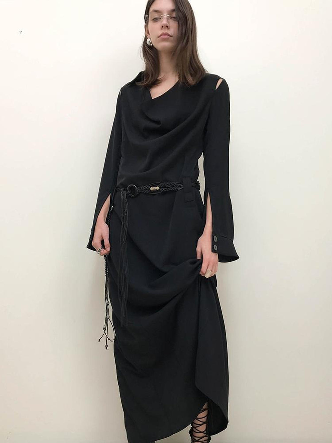 AnnoMundi Draped Neckline Slit Sleeve Black Maxi Dress