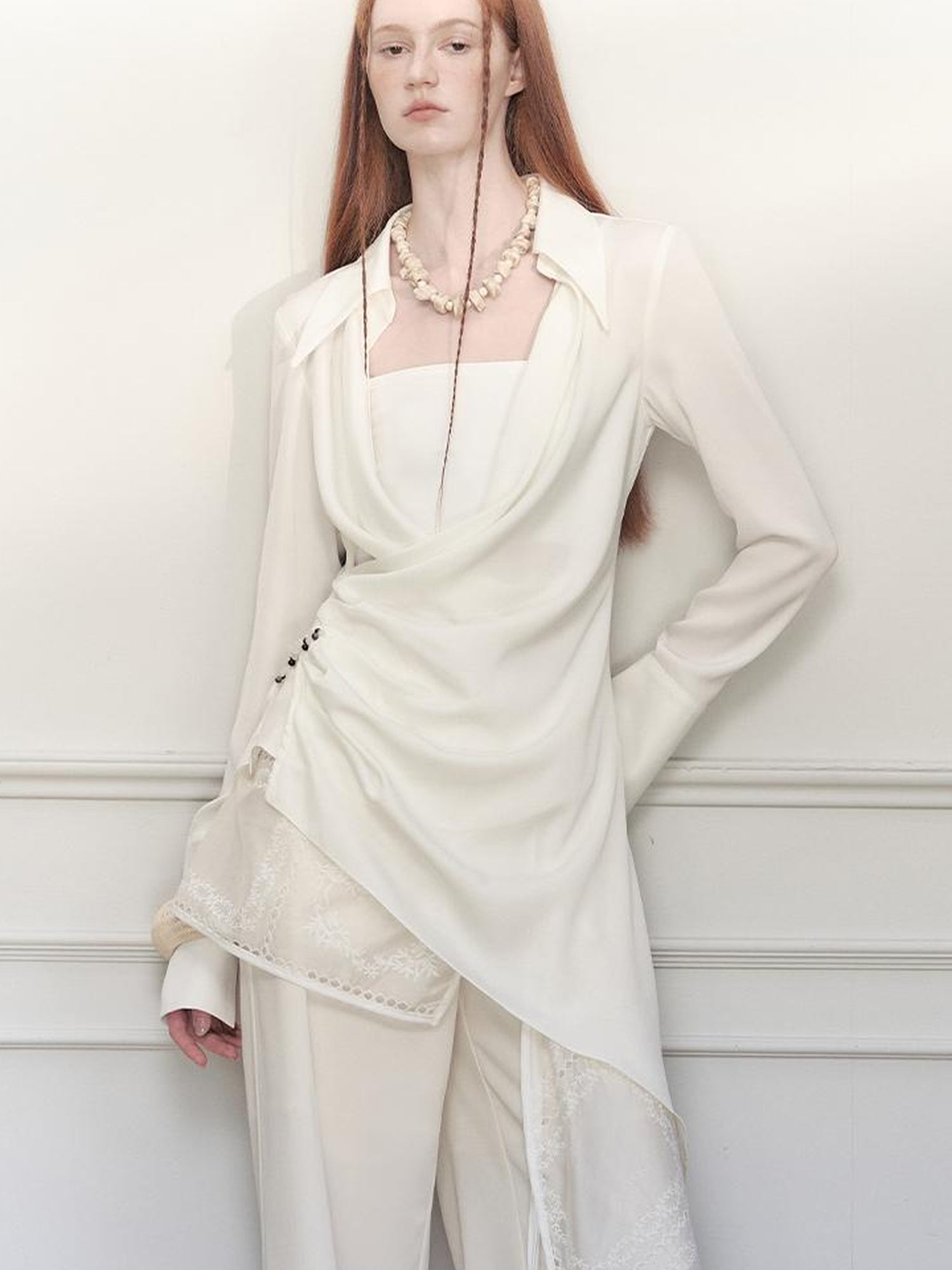 AnnoMundi Draped Silk Shirt With Handmade Frog Closures