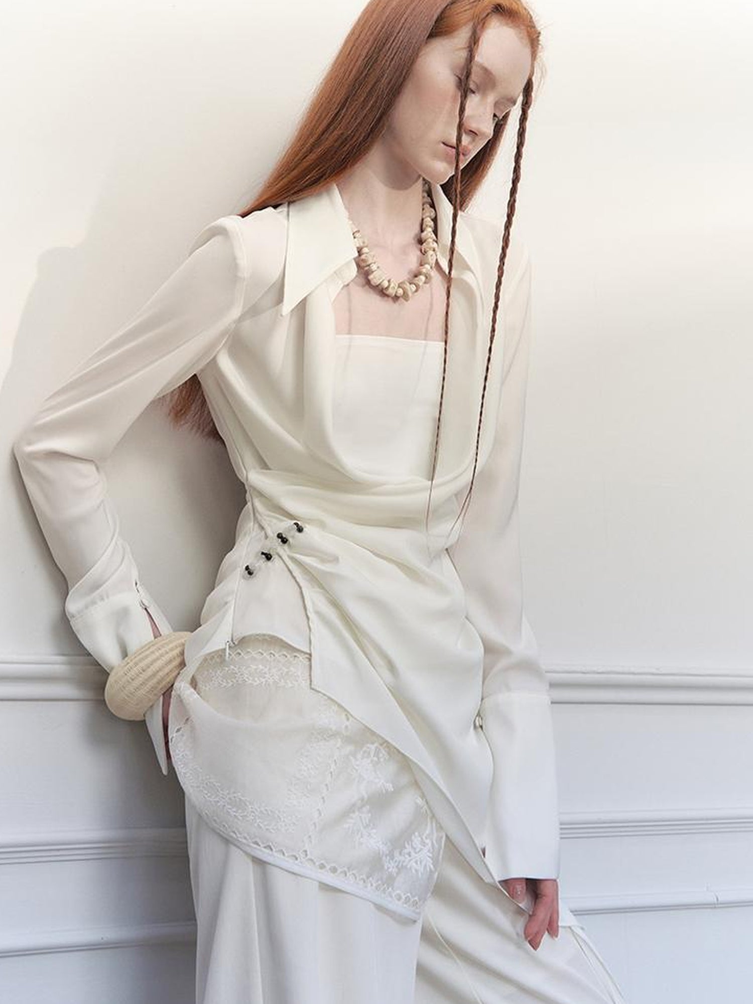 AnnoMundi Draped Silk Shirt With Handmade Frog Closures