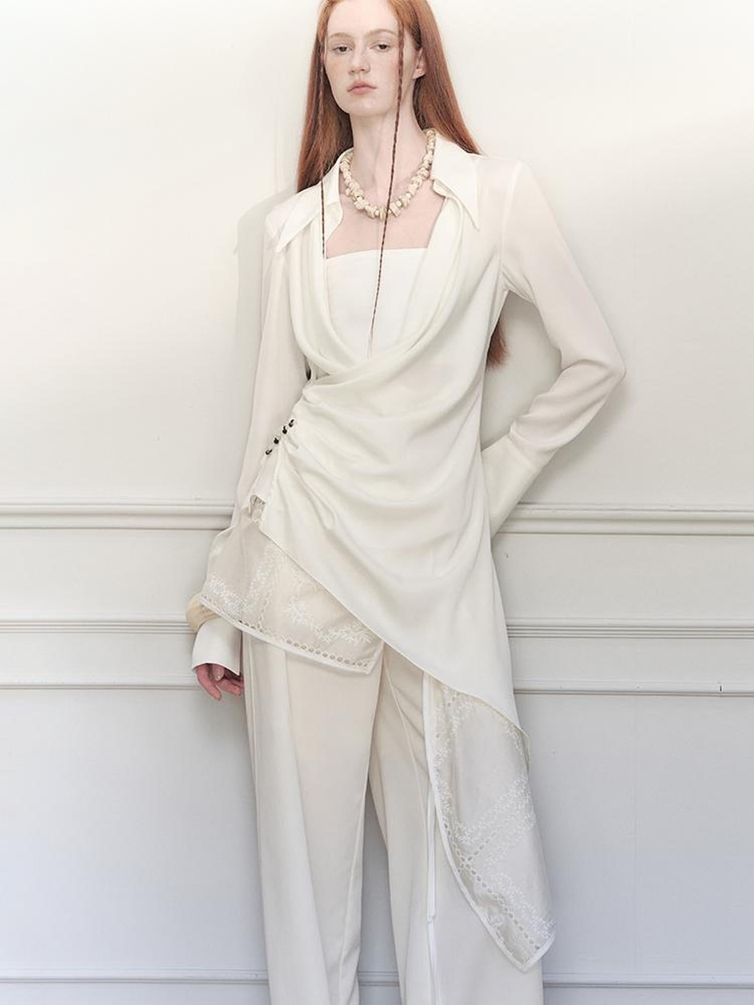 AnnoMundi Draped Silk Shirt With Handmade Frog Closures