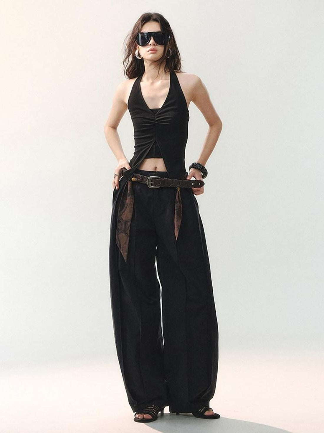 AnnoMundi Draped Twist Pleat Halter Double Layer Slit Cropped Women&