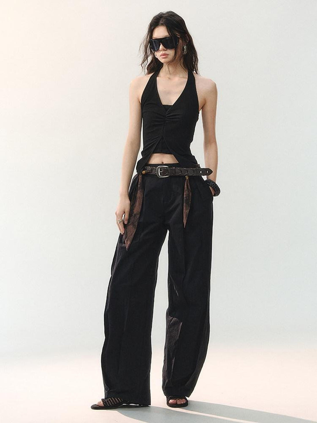 AnnoMundi Draped Twist Pleat Halter Double Layer Slit Cropped Women&