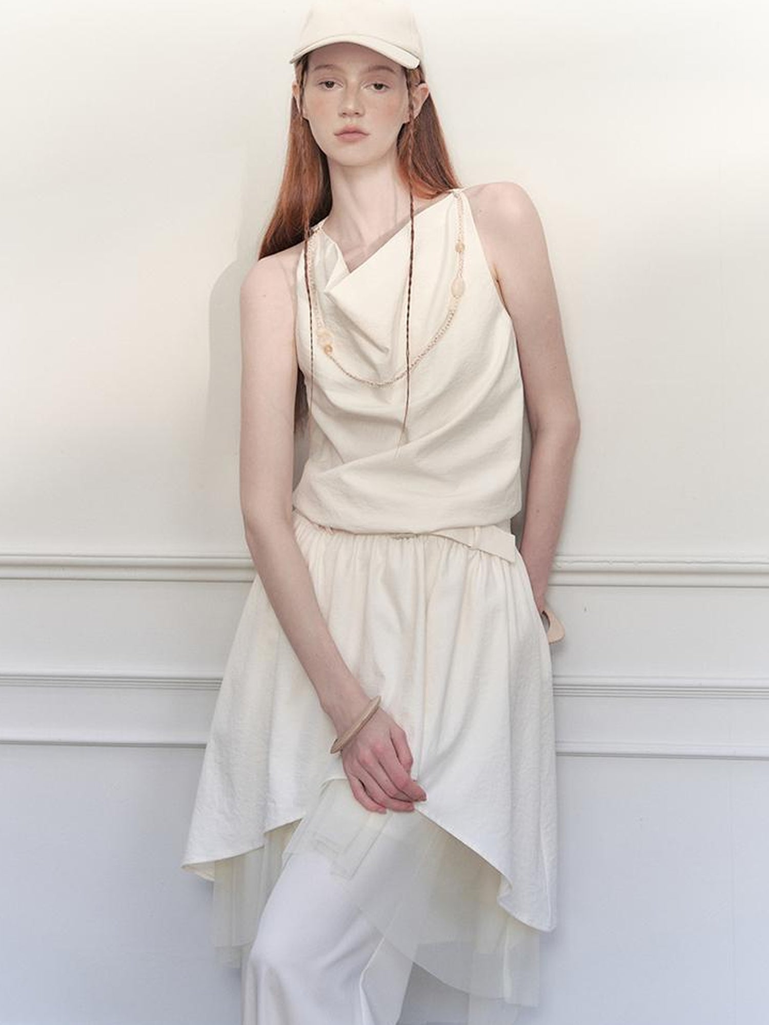 AnnoMundi Draped Waist Tulle Dress with Beaded Chain