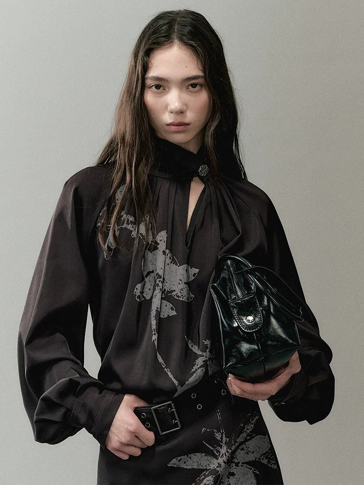 AnnoMundi Effortless Casual X Cut Asymmetric Neck Long Sleeve Printed Polyester Midi Dresses