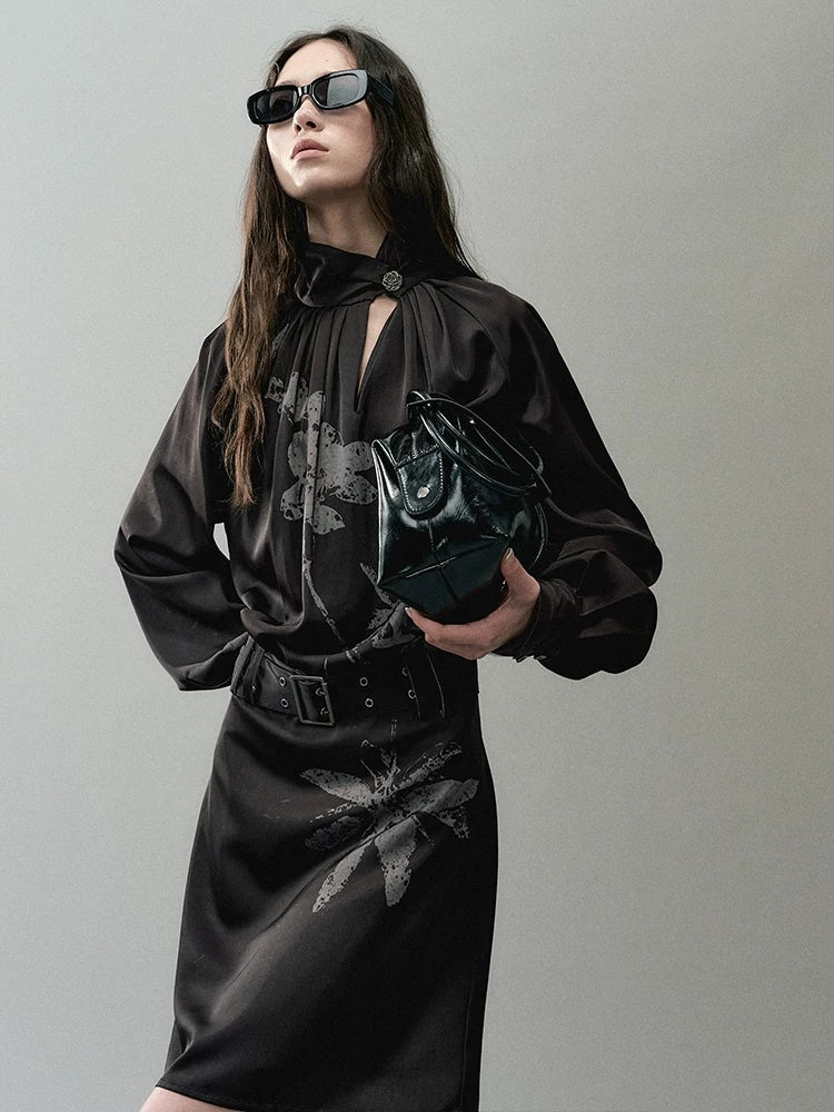 AnnoMundi Effortless Casual X Cut Asymmetric Neck Long Sleeve Printed Polyester Midi Dresses