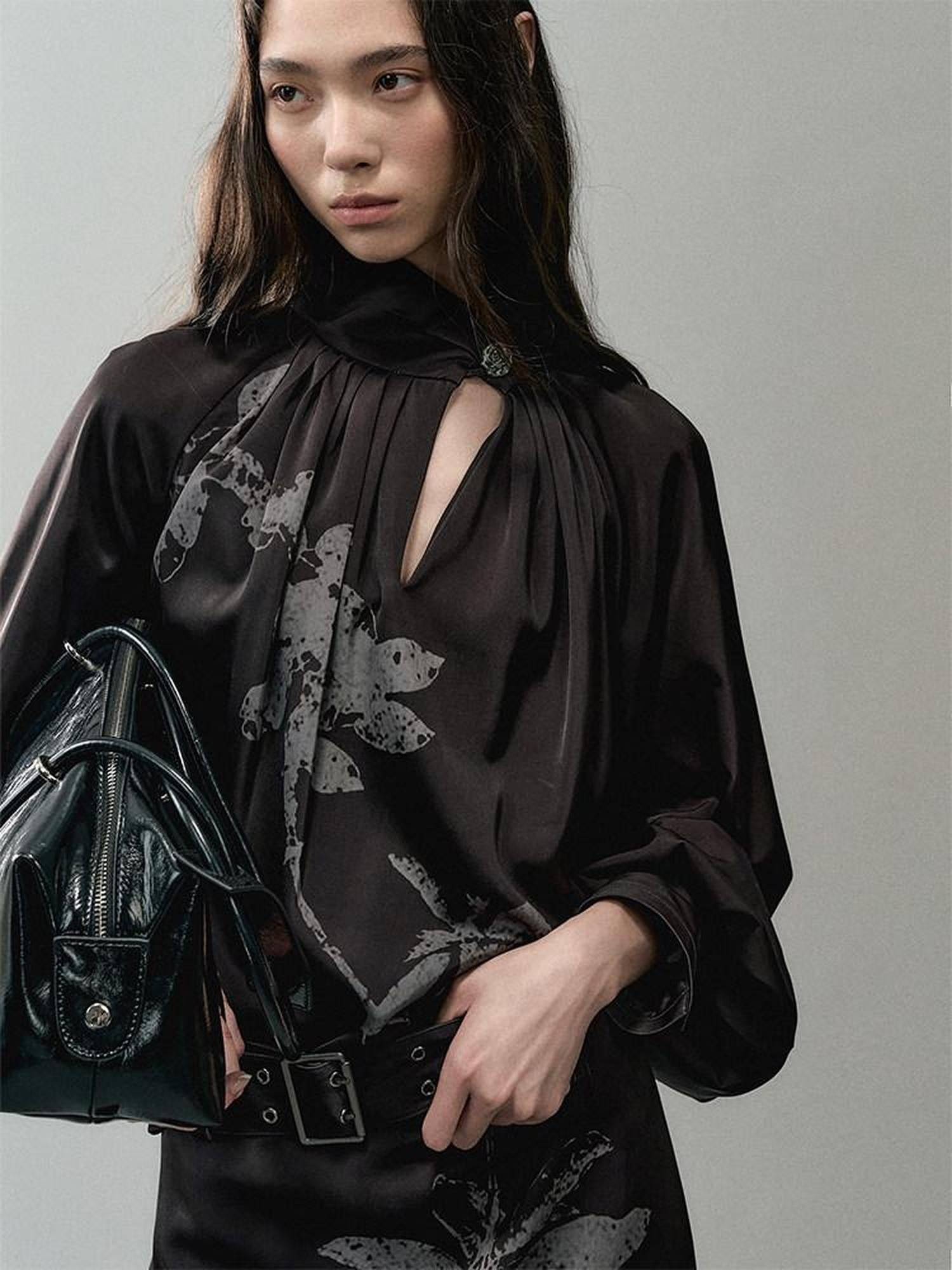 AnnoMundi Effortless Casual X Cut Asymmetric Neck Long Sleeve Printed Polyester Midi Dresses