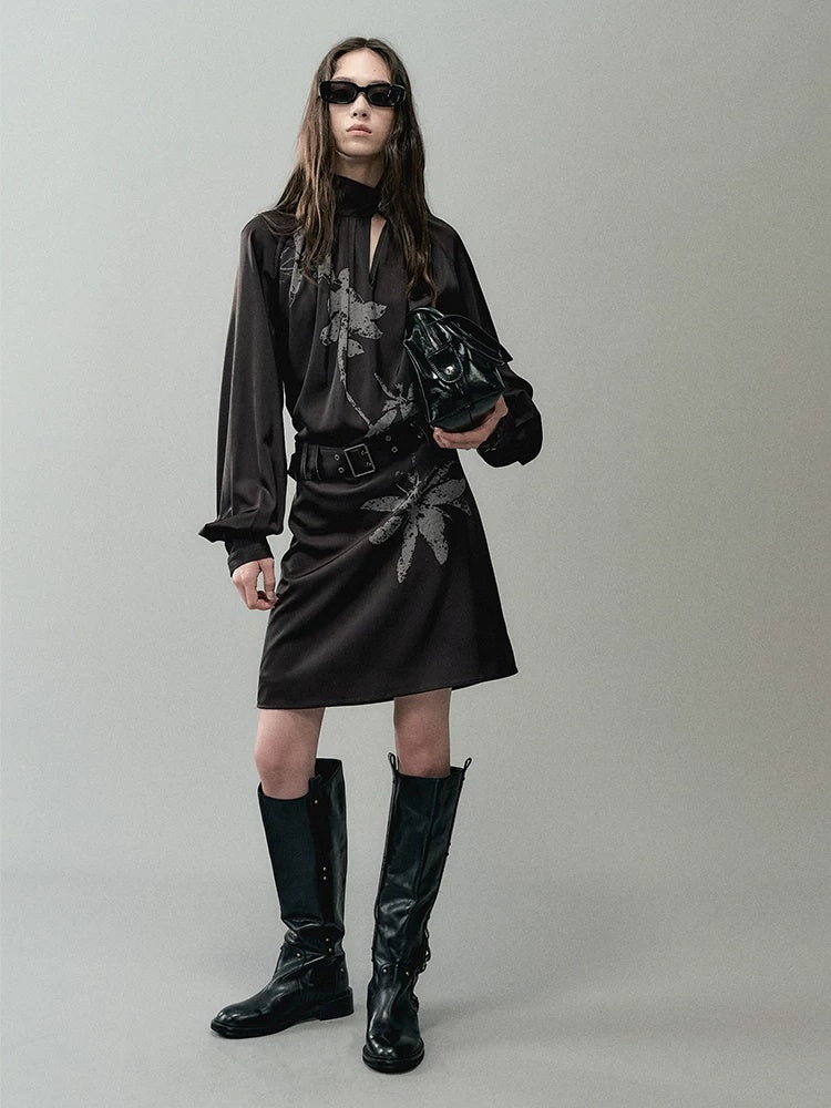 AnnoMundi Effortless Casual X Cut Asymmetric Neck Long Sleeve Printed Polyester Midi Dresses