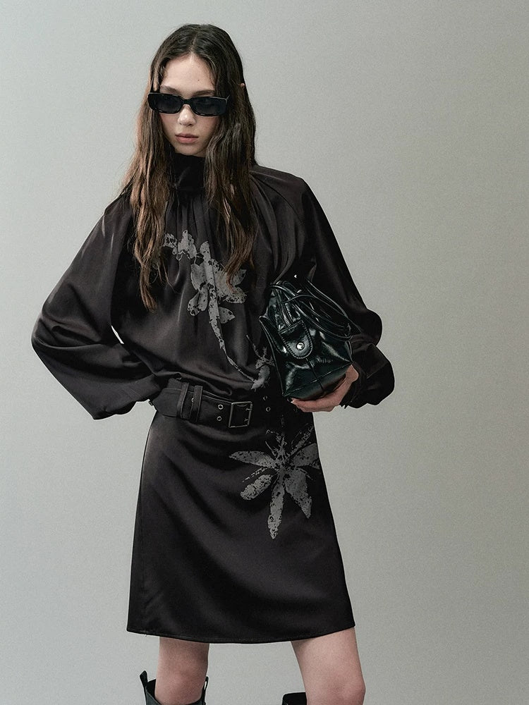 AnnoMundi Effortless Casual X Cut Asymmetric Neck Long Sleeve Printed Polyester Midi Dresses