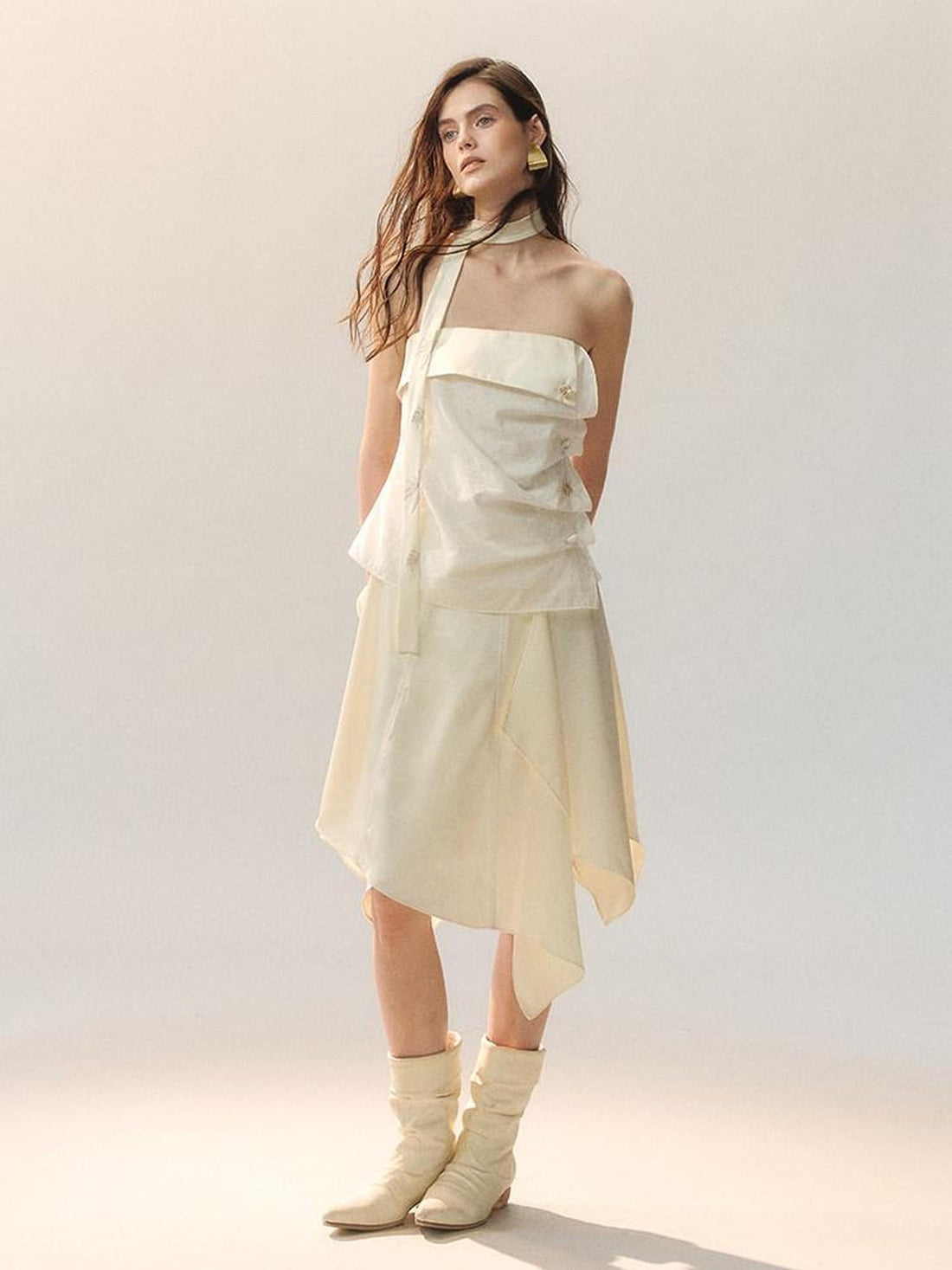 AnnoMundi Elegant High Waist Lace Spliced A Line Loose Fit Women Beige Midi Skirts