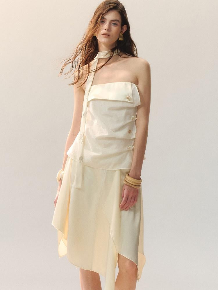 AnnoMundi Elegant High Waist Lace Spliced A Line Loose Fit Women Beige Midi Skirts
