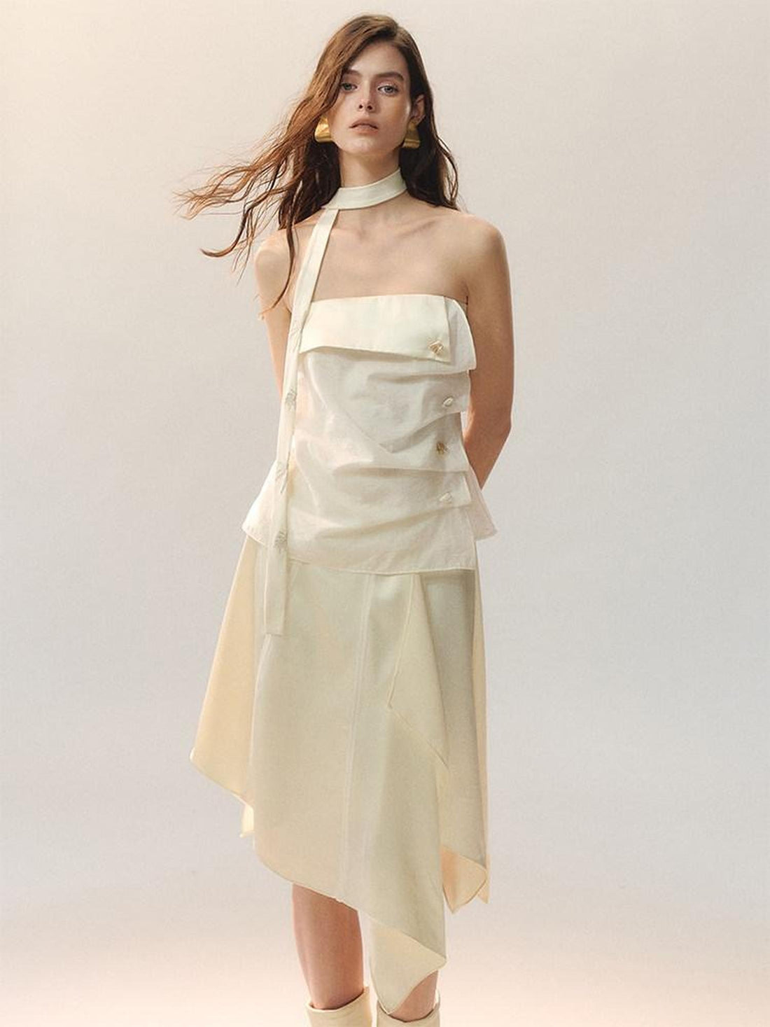 AnnoMundi Elegant High Waist Lace Spliced A Line Loose Fit Women Beige Midi Skirts