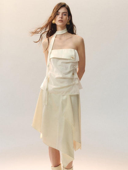 AnnoMundi Elegant High Waist Lace Spliced A Line Loose Fit Women Beige Midi Skirts