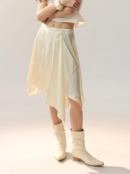 AnnoMundi Elegant High Waist Lace Spliced A Line Loose Fit Women Beige Midi Skirts