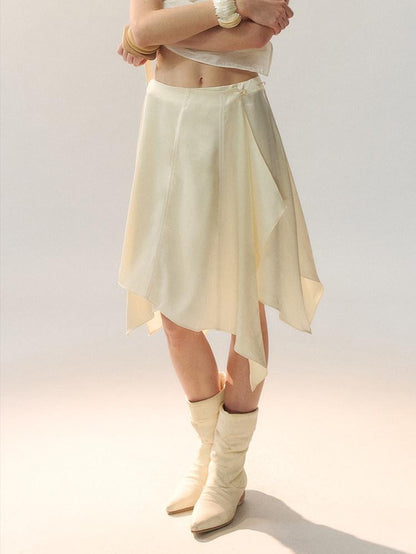 AnnoMundi Elegant High Waist Lace Spliced A Line Loose Fit Women Beige Midi Skirts