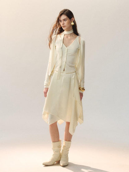 AnnoMundi Elegant High Waist Lace Spliced A Line Loose Fit Women Beige Midi Skirts