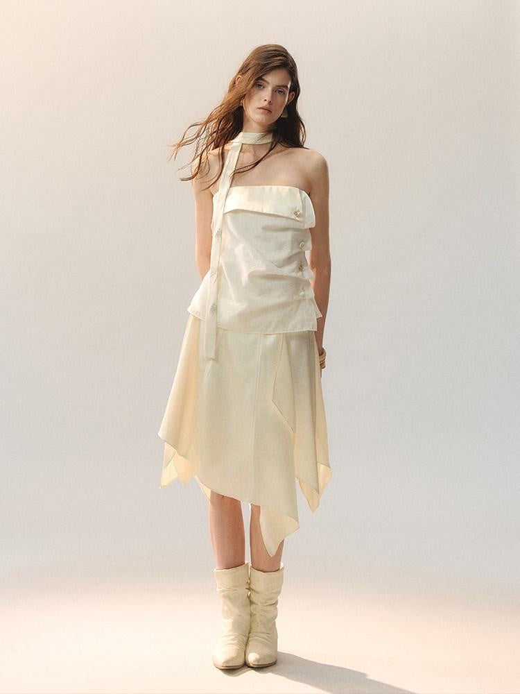AnnoMundi Elegant High Waist Lace Spliced A Line Loose Fit Women Beige Midi Skirts