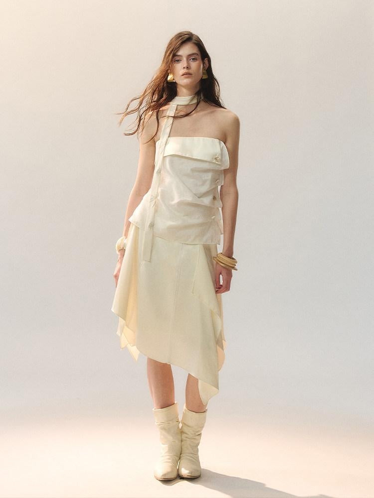 AnnoMundi Elegant High Waist Lace Spliced A Line Loose Fit Women Beige Midi Skirts