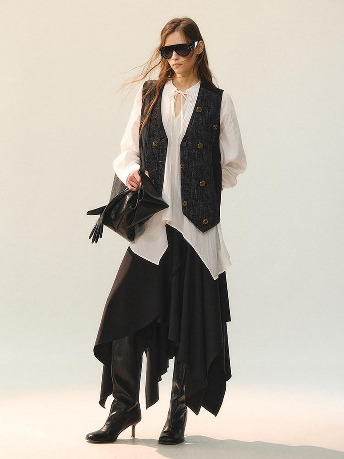 AnnoMundi Elegant Two Piece V-neck Long Sleeve Midi Skirt Set Women Vests