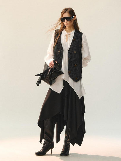 AnnoMundi Elegant Two Piece V-neck Long Sleeve Midi Skirt Set Women Vests